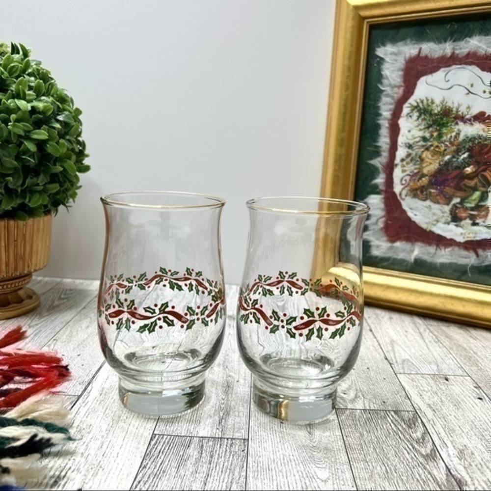 Libbey Holly Berry Gold Rim Glasses Set of 2